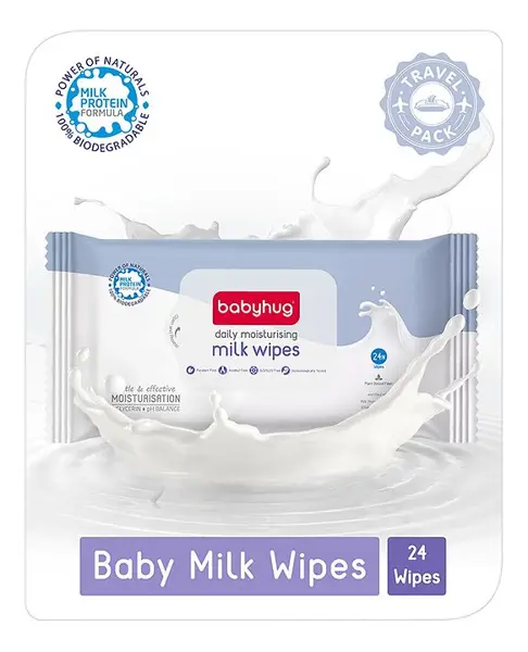 Babyhug 98% Water Daily Moisturising Milk Baby Wet Wipes Travel Pack - 24 Pieces