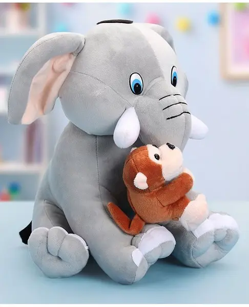 Babyhug Baby Elephant Soft Toy with Attached Monkey - Height 30 cm