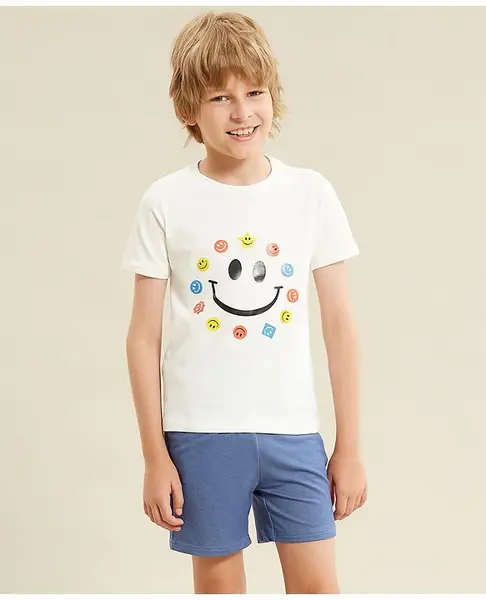 Kookie Kids Half Sleeves Tee & Shorts Smiley Print - White Blue