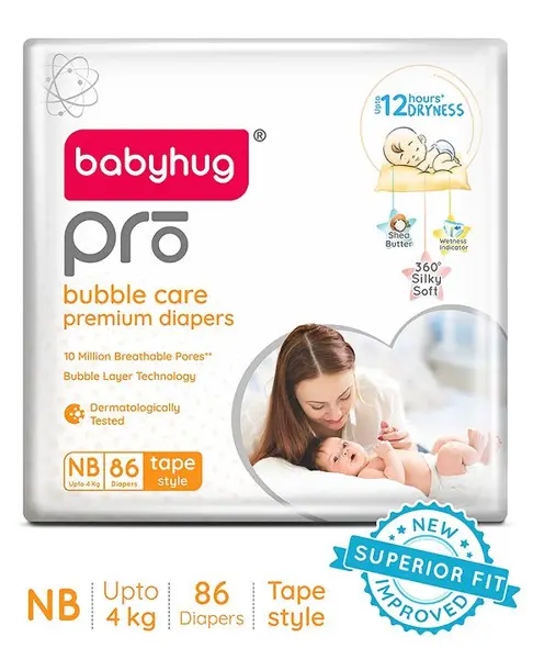 Babyhug Pro Bubble Care Premium Tape Style Diaper Newborn (NB) Size - 86 Pieces - New & Improved Superior Fit