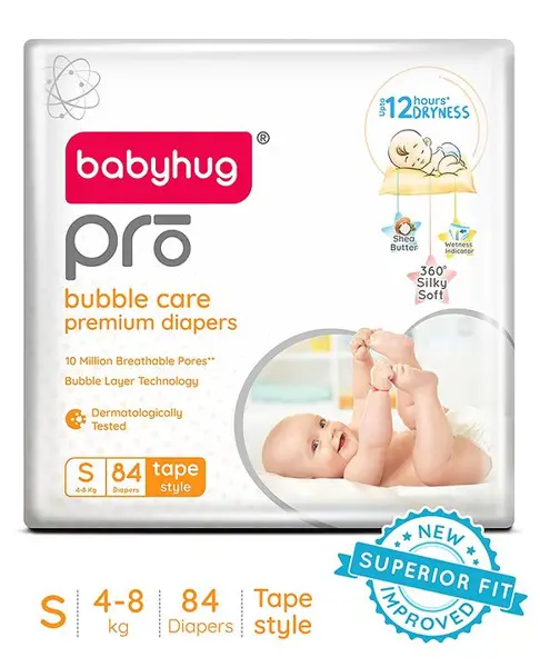 Babyhug Pro Bubble Care Premium Tape Style Diaper (S) Small - 84 Pieces - New & Improved Superior Fit