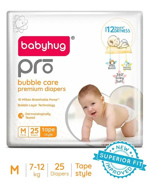 Babyhug Pro Bubble Care Premium Tape Style Diaper Medium - 25 Pieces - New & Improved Superior Fit