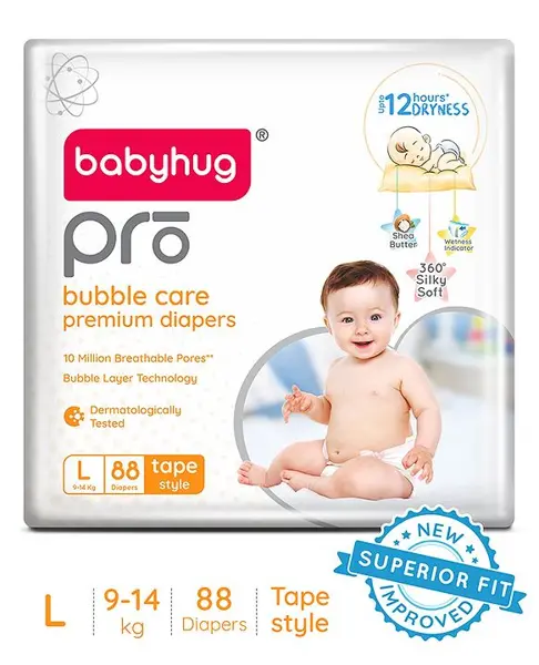 Babyhug Pro Bubble Care Premium Tape Style Diaper Large - 88 Pieces - New & Improved Superior Fit