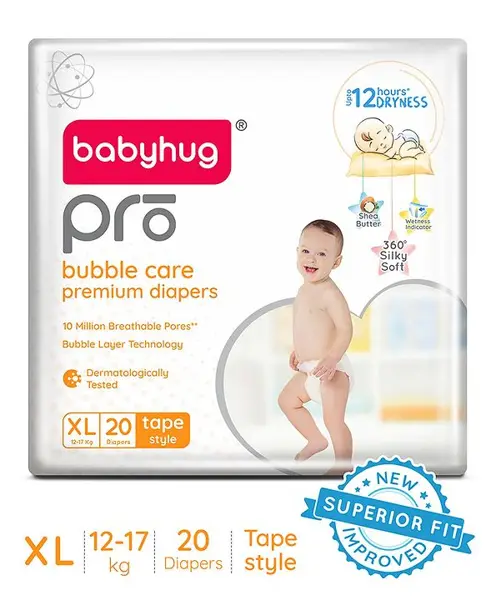 Babyhug Pro Bubble Care Premium Tape Style Diaper Extra Large - 20 Pieces - New & Improved Superior Fit