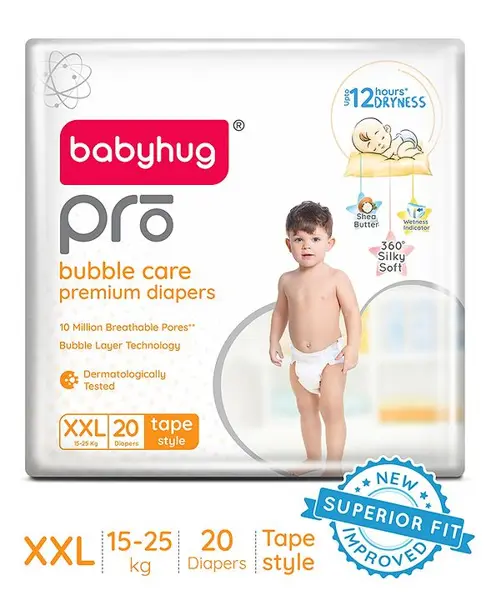 Babyhug Pro Bubble Care Premium Tape Style Diaper XXL - 20 Pieces - New & Improved Superior Fit