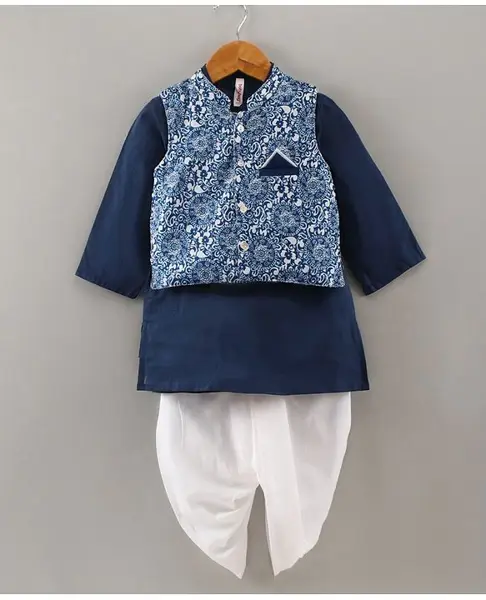 Babyhug Full Sleeves Dhoti Kurta Set With Jacket - Blue