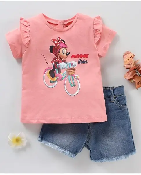 Babyhug Half Sleeves Cotton Top & Denim Shorts Set Minnie Mouse Print - Pink