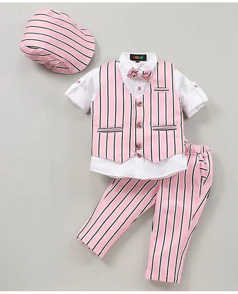 Robo Fry 3 Piece Full Sleeves Striped Party Suit With Bow & Cap - Pink
