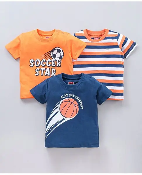 Babyhug Half Sleeves Cotton Striped and Sports Print T-shirts Pack of 3 - Multicolour