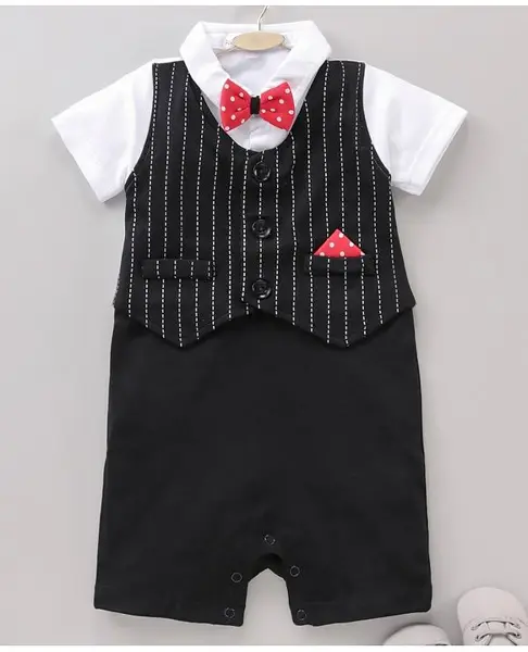 Mark & Mia Half Sleeves Party Wear Romper Stripes Print- Black - Black