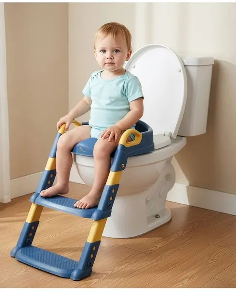 R for Rabbit Hiltop Potty Step Stool Training Seat with Ladder Step Up Non-Slip Steps Adjustable Foldable for Kids Baby 1 to 7 Years (Blue Yellow)