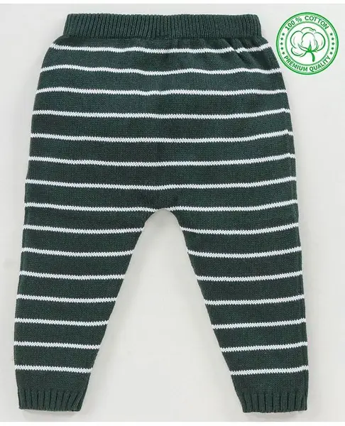 Babyhug 100% Organic Cotton Full Length Striped Fleece Pant - Green