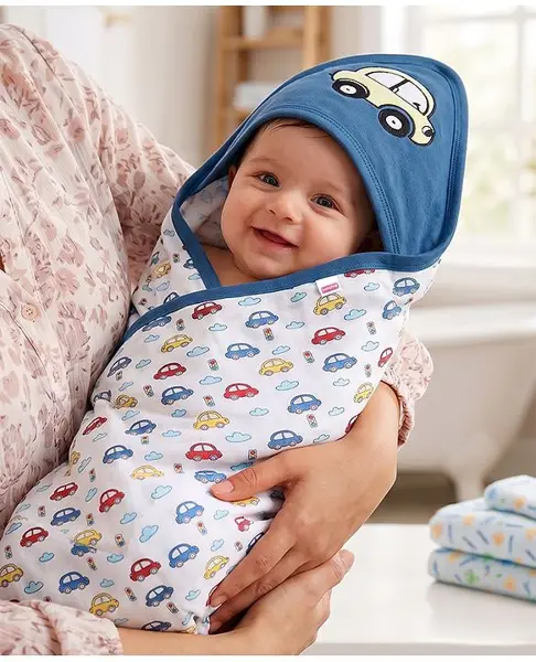 Babyhug Interlock Cotton Wrapper Car Embroidery - Blue