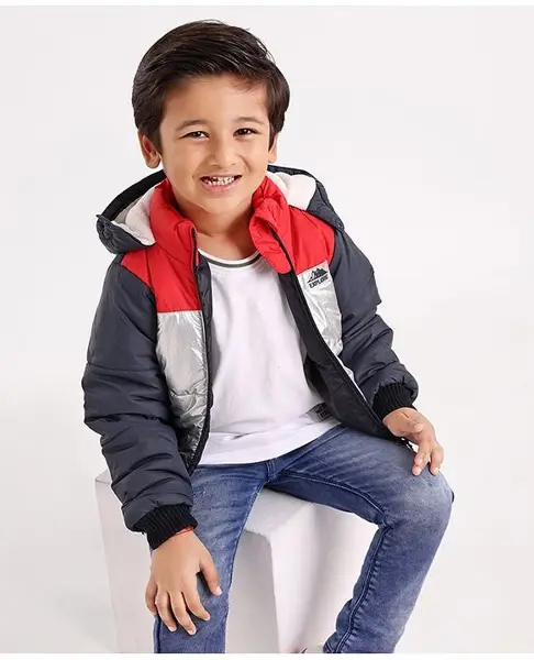 Babyhug Full Sleeves Color Block Hooded Fashion Heavy Winter Jacket - Silver Red Blue
