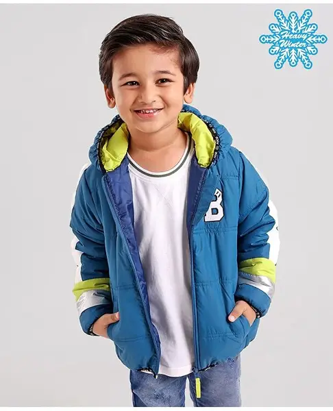 Babyhug Full Sleeves Hooded Padded Winter Jacket Color Block - Blue