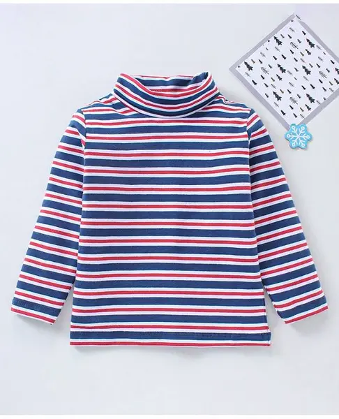 Babyhug Cotton Knit Full Sleeves Striped Skivi Winter T-Shirt - Navy Red