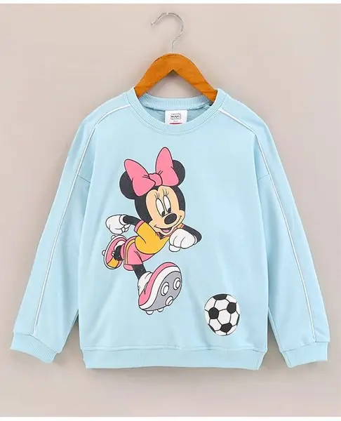 Babyhug Cotton Knit Full Sleeves Sweatshirt Minnie Mouse Print With Raglan Sleeve And Piping Detailing - Sky Blue