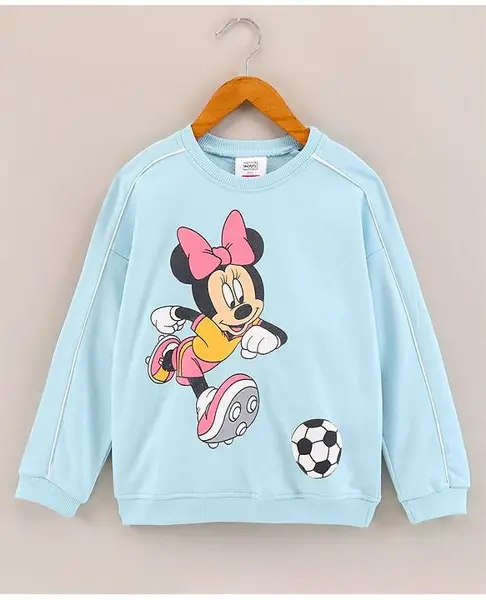 Babyhug Cotton Knit Full Sleeves Sweatshirt Minnie Mouse Print With Raglan Sleeve And Piping Detailing - Sky Blue