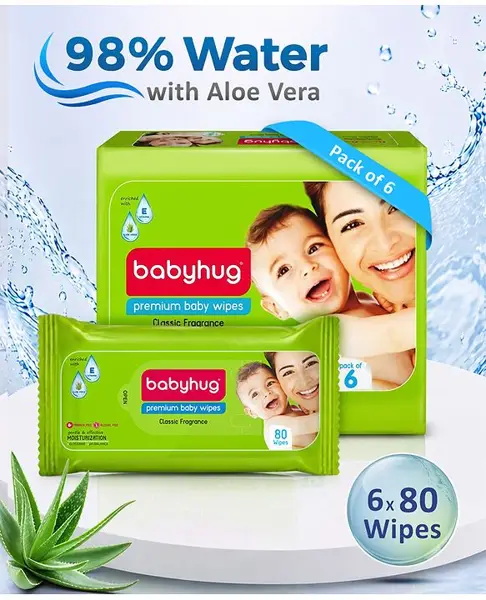 Babyhug Premium 98% Water Baby Wet Wipes Pack Of 6 - 80 Piece Each
