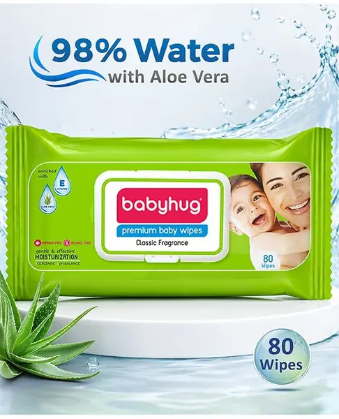 Babyhug Premium 98% Water Baby Wet Wipes With Lid - 80 Pieces