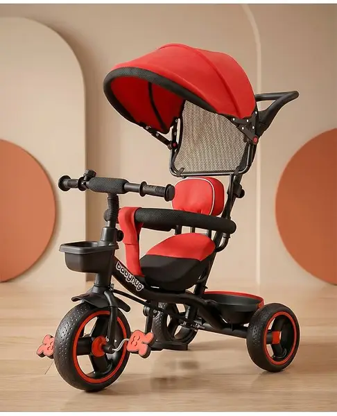 Babyhug  Plug & Play Stallion Tricycle with Parental Push Handle & Foldable Canopy - Red Black
