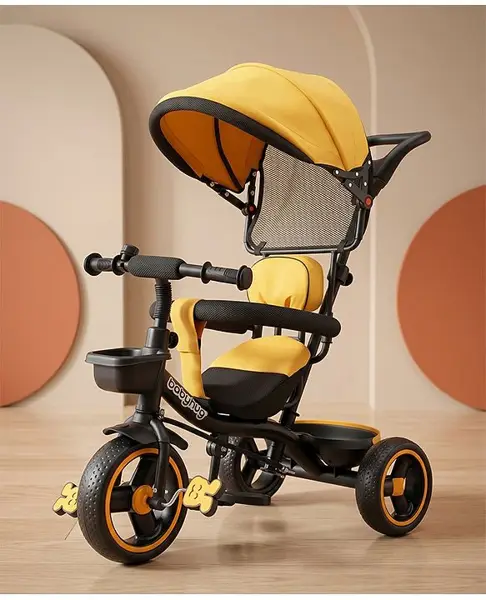 Babyhug  Plug & Play Stallion Tricycle with Parental Push Handle & Foldable Canopy - Yellow Black