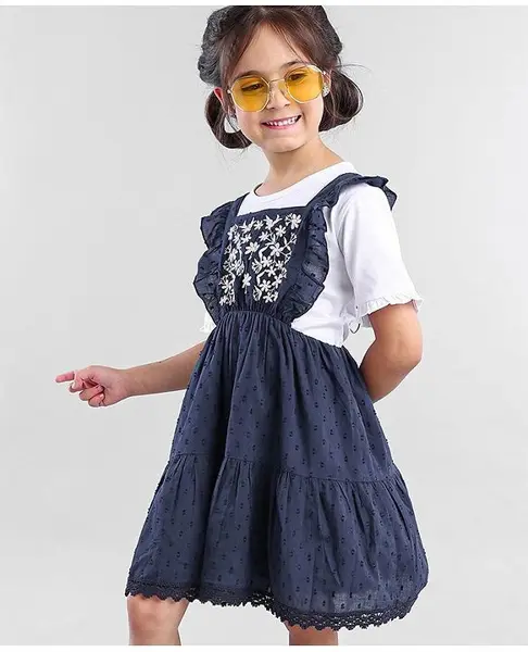 Babyhug Cotton Sleeveless Frock With Half Sleeves Top Floral & Dobby Embroidery - Navy Blue