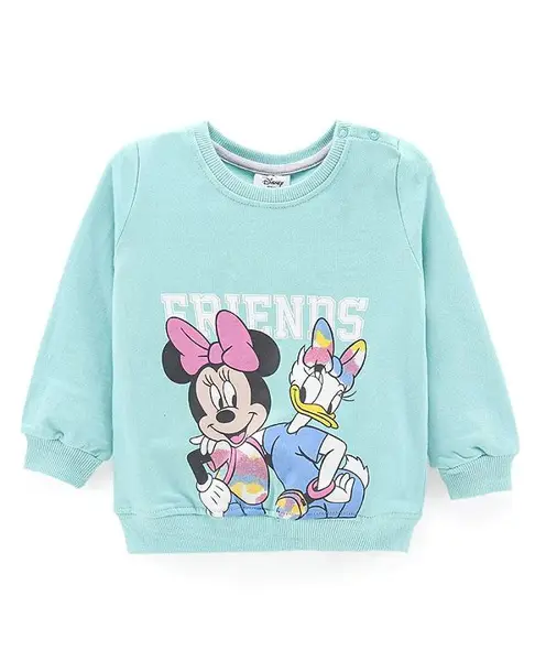 Babyhug Cotton Knit Full Sleeves Mini Mouse & Daisy Duck Sweatshirt with Glitter detailing- Sky Blue