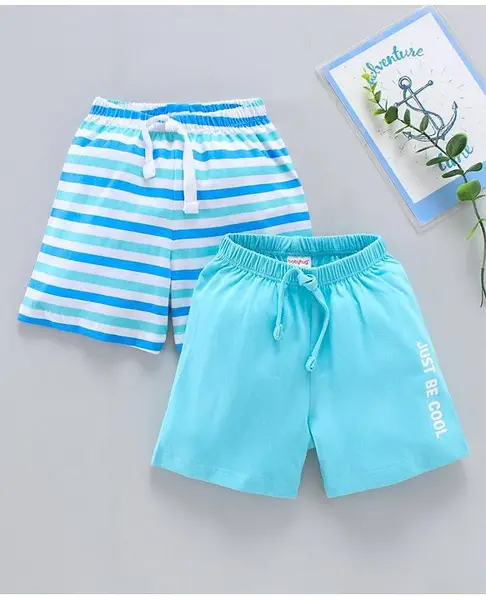 Babyhug Cotton Knit Mid Thigh Length Shorts Text Print Pack Of 2 - Blue White