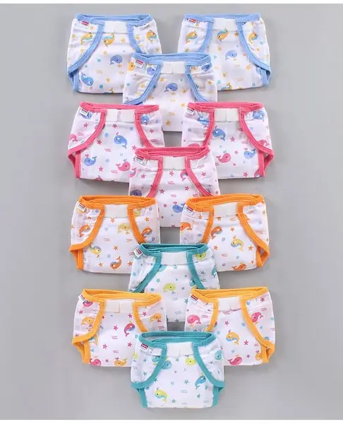 Babyhug Muslin Cotton Reusable Velcro Printed Cloth Nappies Small Set of 12 - Multicolor