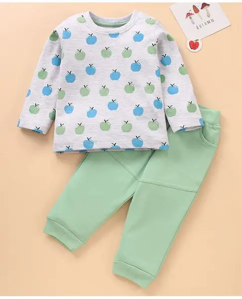 Babyhug 100% Cotton Full Sleeves Tee and Lounge Pants Apple Print - Green Melange