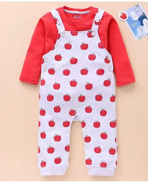 Babyhug Cotton Knit Full Sleeves Solid Tee & Apple Printed Dungaree - Red & Grey