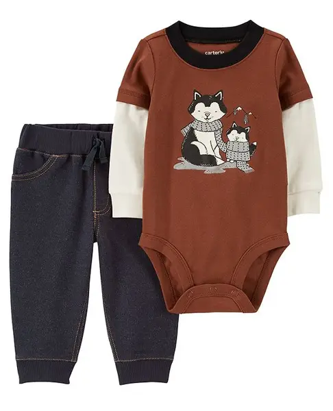 Carters Baby 2 Piece Dog Onesie with Pant Set - Brown Black
