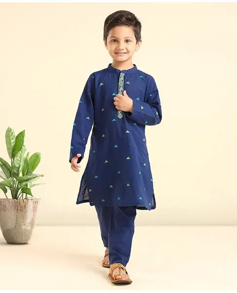 Babyhug Full Sleeves Kurta and Pyjama Set Pyramid Print - Navy