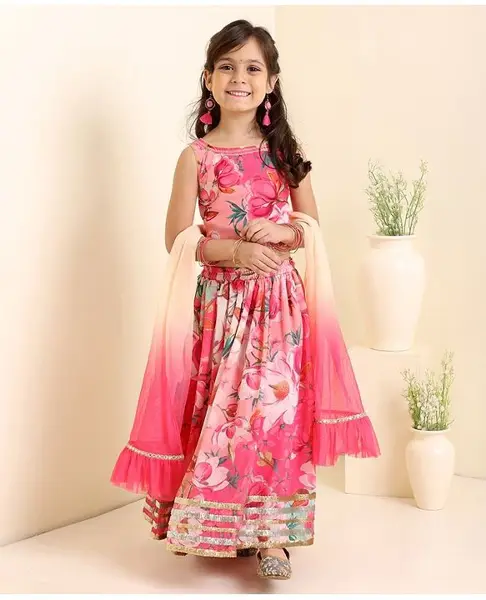 Babyhug Sleeveless Floral Choli & Lehenga With Dupatta Sequin Detailing - Dark Pink