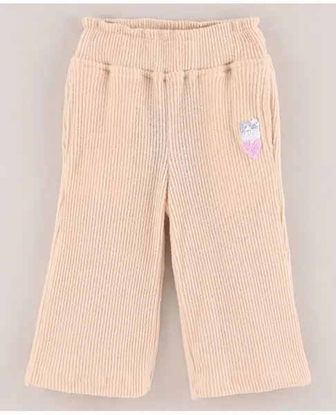 Little Kangaroos Full Length Flared Solid Pants with Sequins - Beige