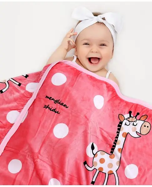 Babyhug Premium Reversible Plush Soft & Warm Double Layer Blanket Giraffe Print - Pink