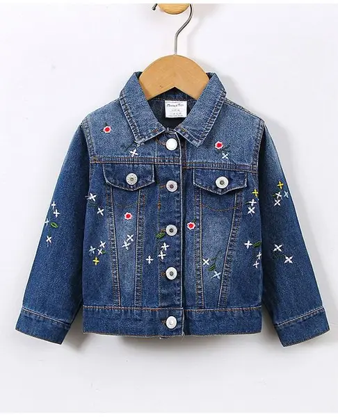 Kookie Kids Full Sleeves Denim Jacket Floral Embroidery -  Blue