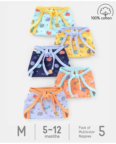 Babyhug Interlock Dyed Printed Cloth Nappies Medium Set of 5 - Multicolour