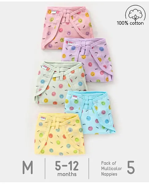 Babyhug Muslin Cotton Dyed Printed Cloth Nappies Medium Set of 5 - Multicolour