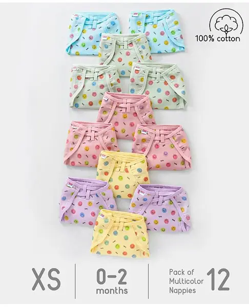 Babyhug Muslin Cotton Dyed Printed Cloth Nappies Extra Small Set of 12 - Multicolour