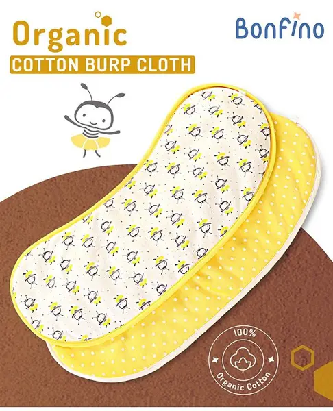 Bonfino Premium 100% Organic Cotton Burp Cloth Honey Bee Print Set Of 2 - Yellow