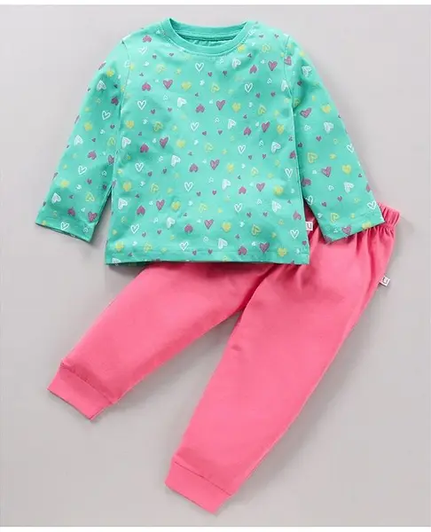 BUMZEE Full Sleeves Hearts Printed Tee & Solid Pajama Set - Sea Green & Pink