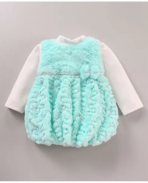 Little Kangaroos Winter Bubble Frock with Full Sleeves Inner Tee - Blue