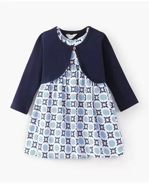 Bonfino Woven Frock With Full Sleeves Shrug Geometrical Pattern - Blue