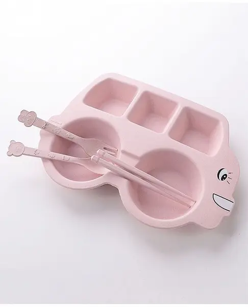 Bus Shaped Section Plate With Spoon & Fork- Pink