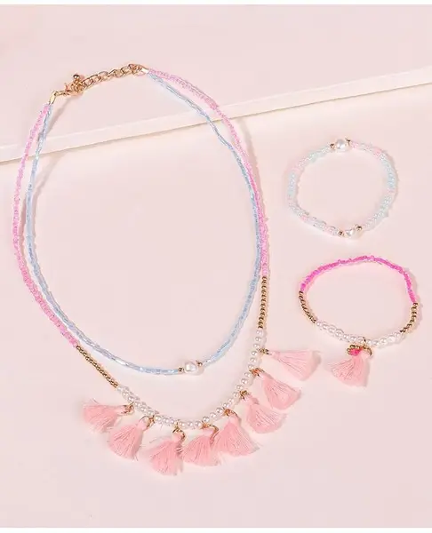 Pine Kids Free Size Necklace & Bracelet Set With Tassel Detailing- Multicolor