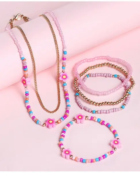 Babyhug  Flower Beads With Chain Neck Piece & Bracelets - Pink