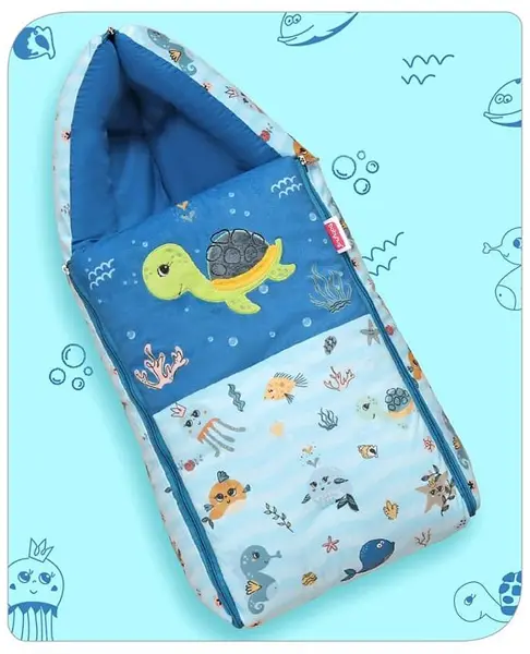 Babyhug Velvet Sleeping Bag Turtle Print -  Blue