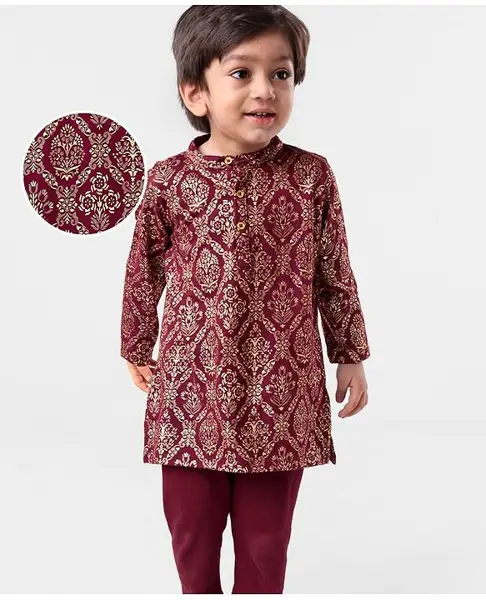 Earthy Touch Cotton Knit Full Sleeves Kurta & Pajama Set Floral Print - Maroon
